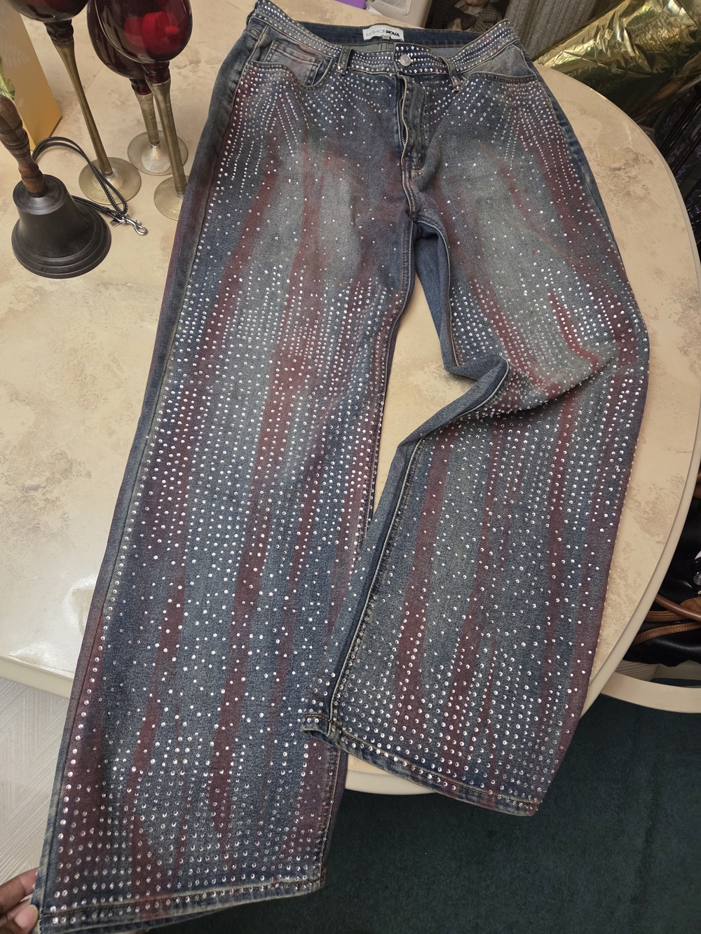 Fashion Nova Denim Jeans with Silver Rhinestone Embellishments